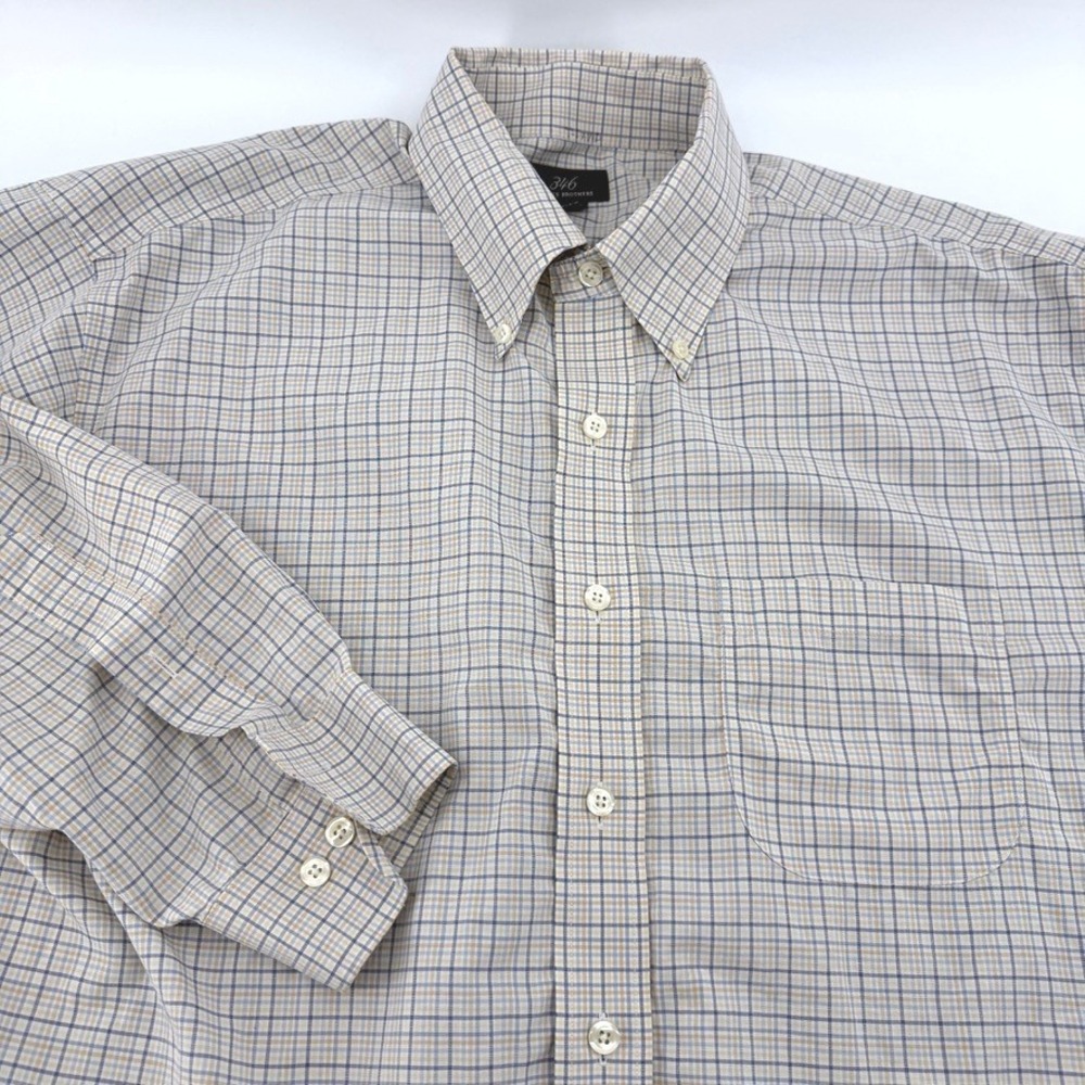 Brooks Brothers 346 NonIron Button Down Dress Shirt Men XL Cotton Plaid Tan Blue